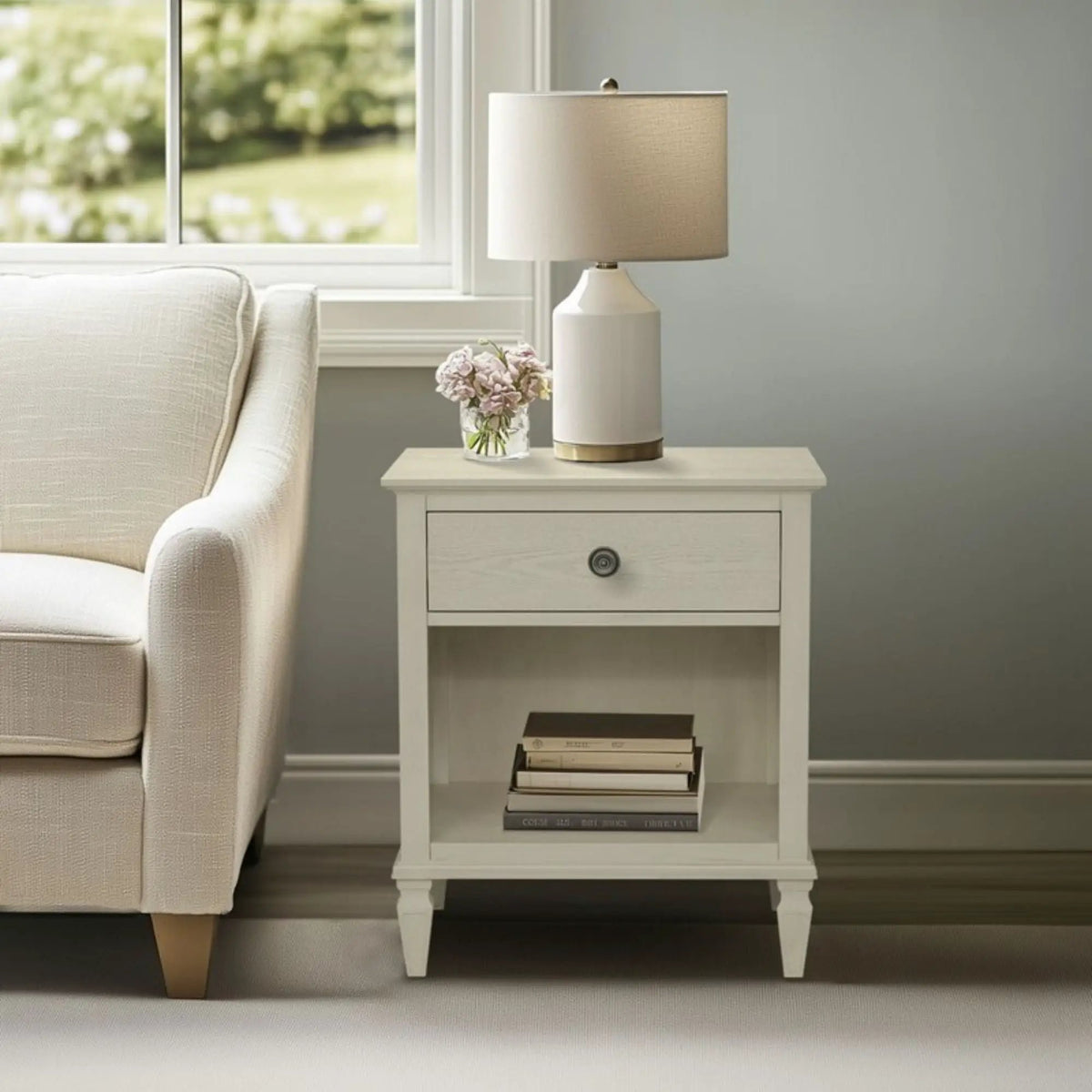 Victoria Nightstand | French-Inspired Design | Wire Brush Finish | 1 Drawer And Open Shelf