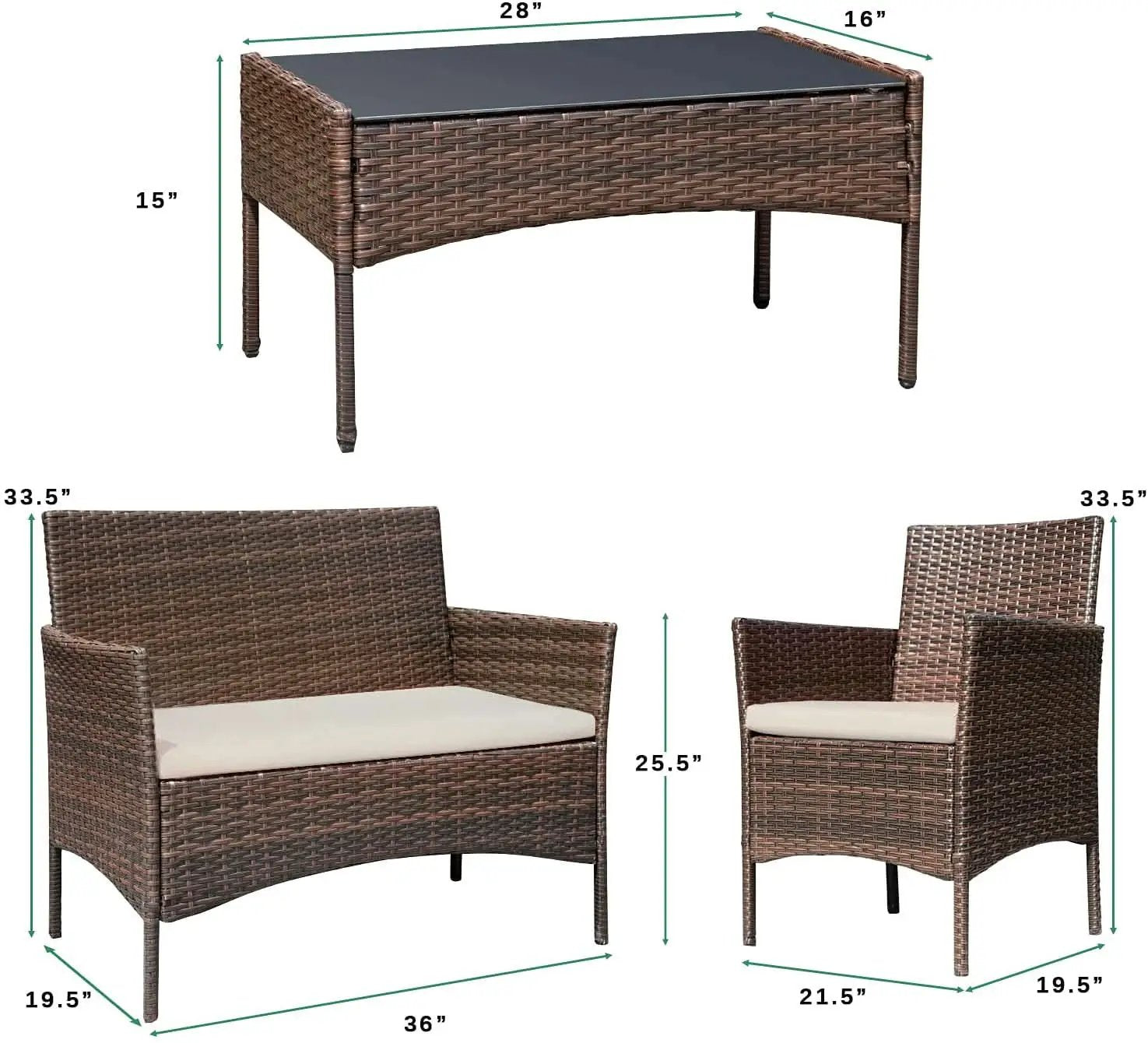 4 Piece Wicker Patio Set With Glass Table Beige Cushions from PriceLows™