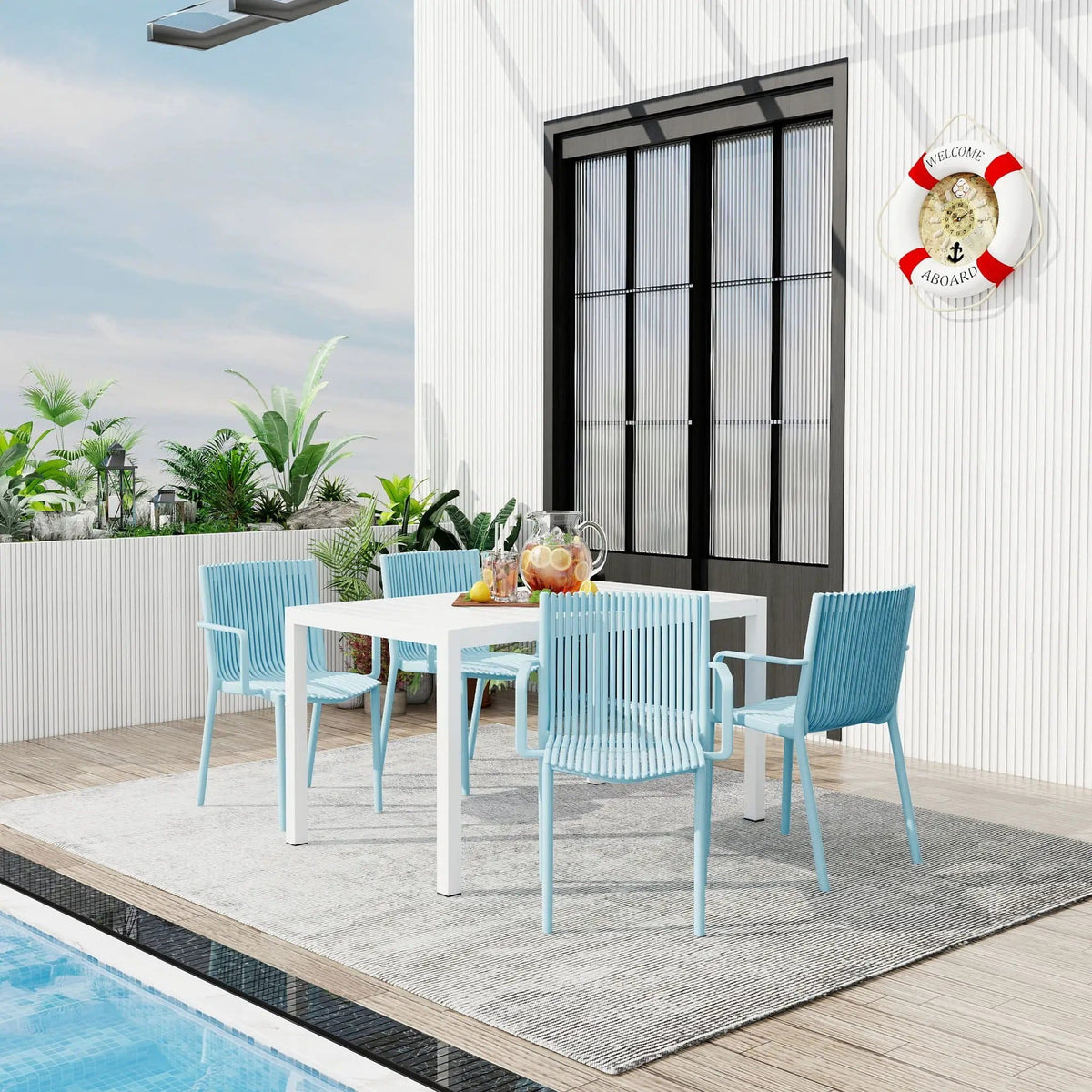 4 Modern Stackable Armchair Matched With Long Table 5 Piece Outdoor Set | 5 Piece Outdoor Set | Metal | Outdoor Living