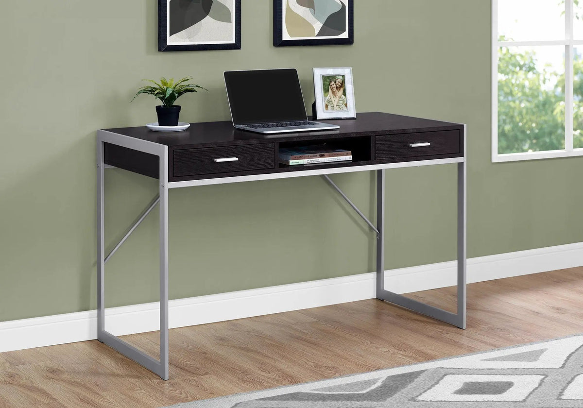 Computer Desk | Two Storage Drawers | Open Shelf | Square Metal Legs