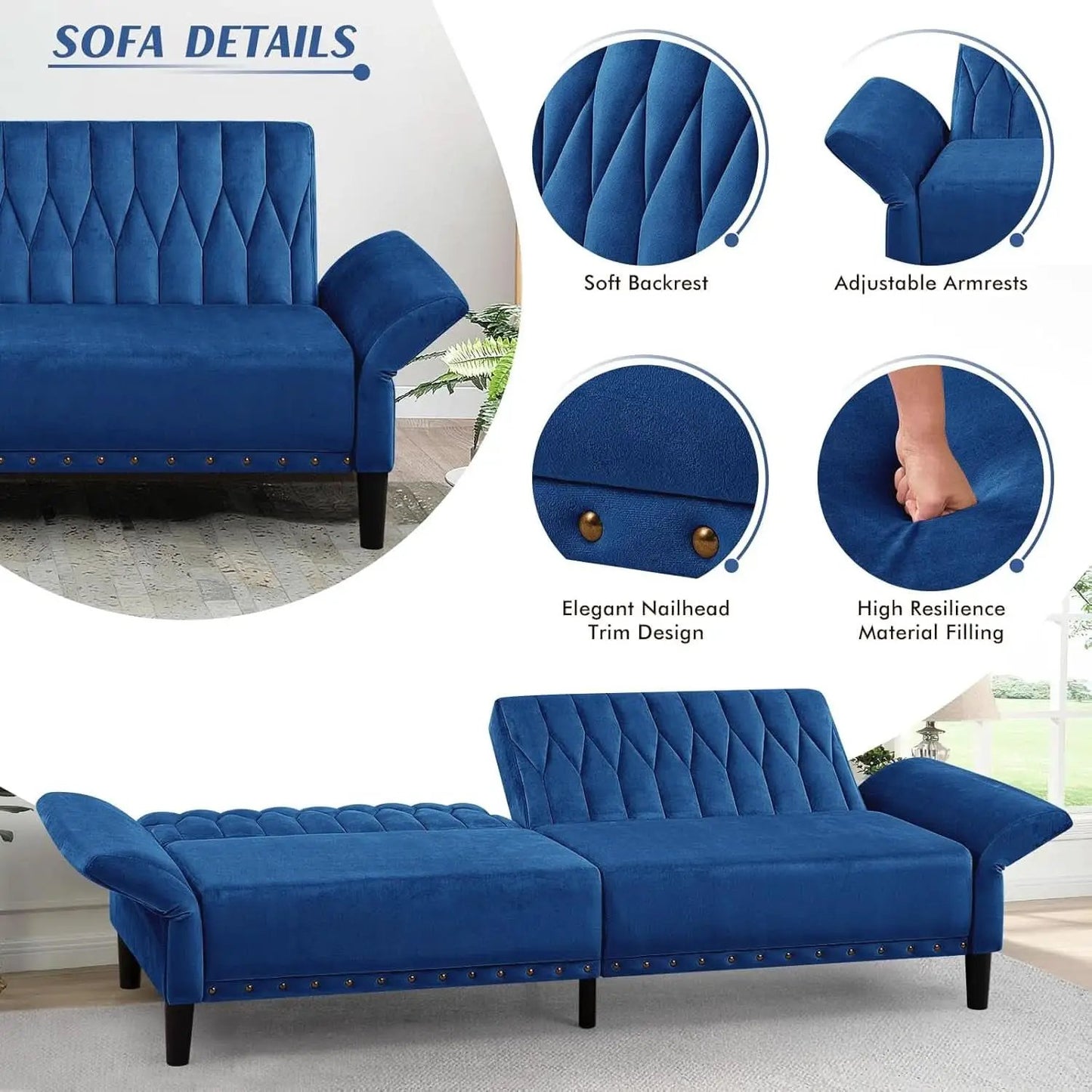 77Inch Velvet Convertible Sofa Bed Featuring Armrests from PriceLows™