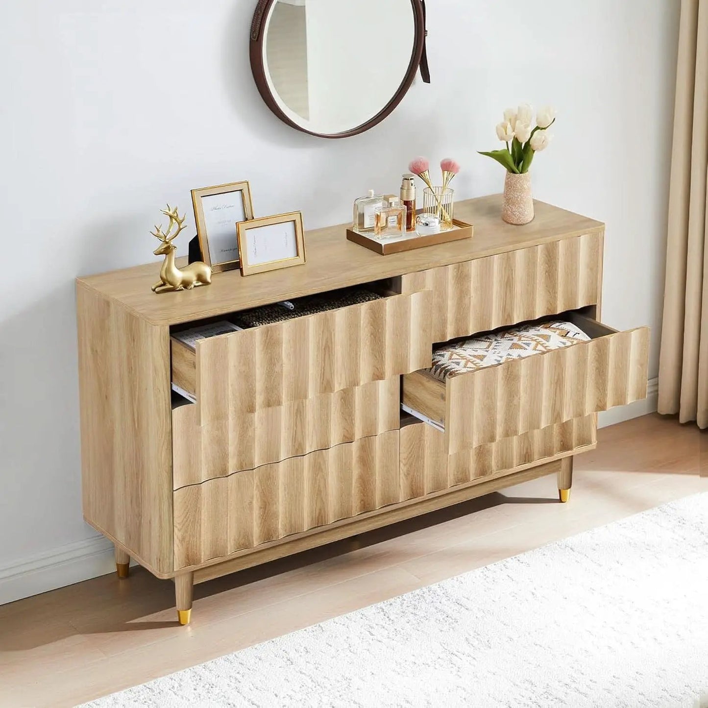 Fluted Six Drawer Dresser Walnut Finish FiftyThreeInchWide from PriceLows™