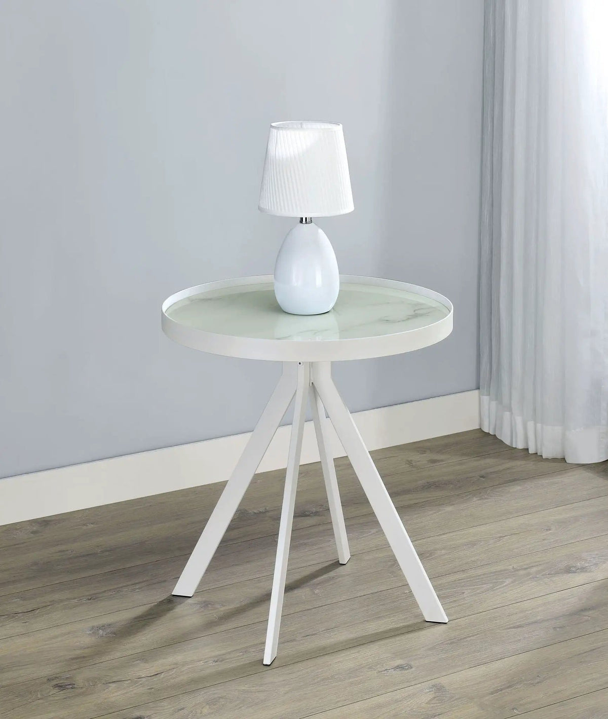 Briggs Round Marble Printed Glass Top End Side Table | 21.5 x 21.5 x 24 in | Marble & Tempered Glass | White