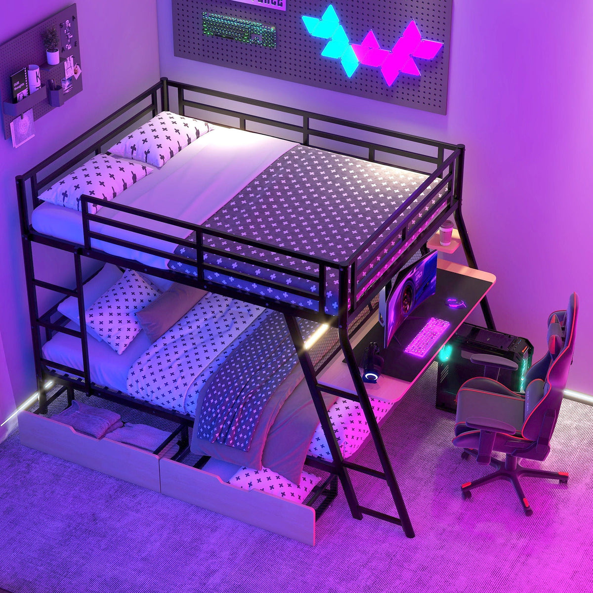 Full Size Bunk Bed | Built In Desk | Integrated Light | Black