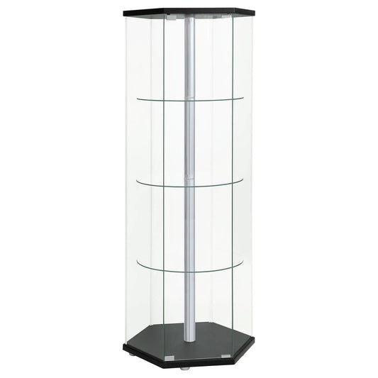 Zahavah 4-shelf Hexagonal Clear Glass Curio Cabinet | 24 x 24 x 63.5 in | Engineered Wood & Tempered Glass | Black