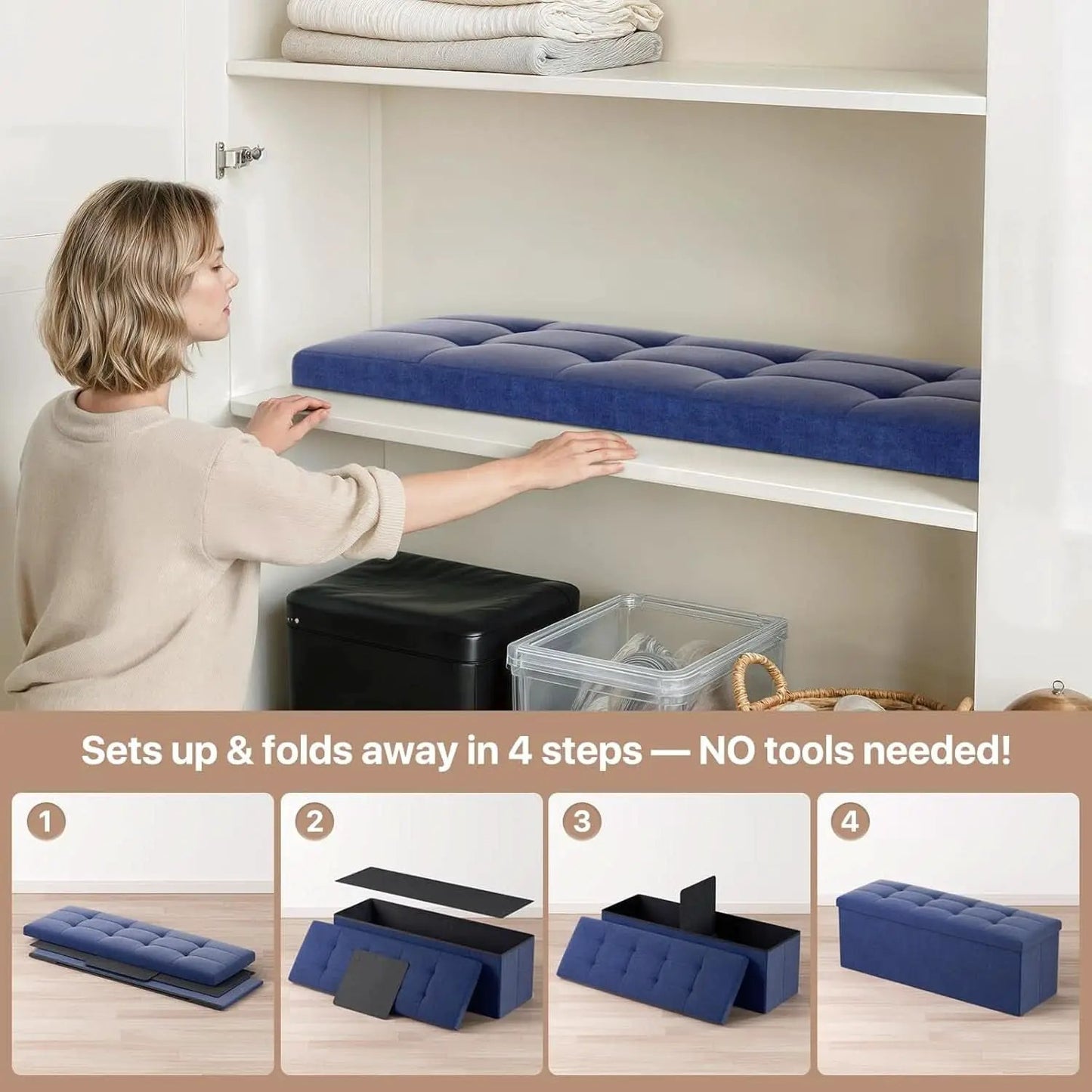 Navy Blue Folding Storage Ottoman Organizer 43Inch from PriceLows™