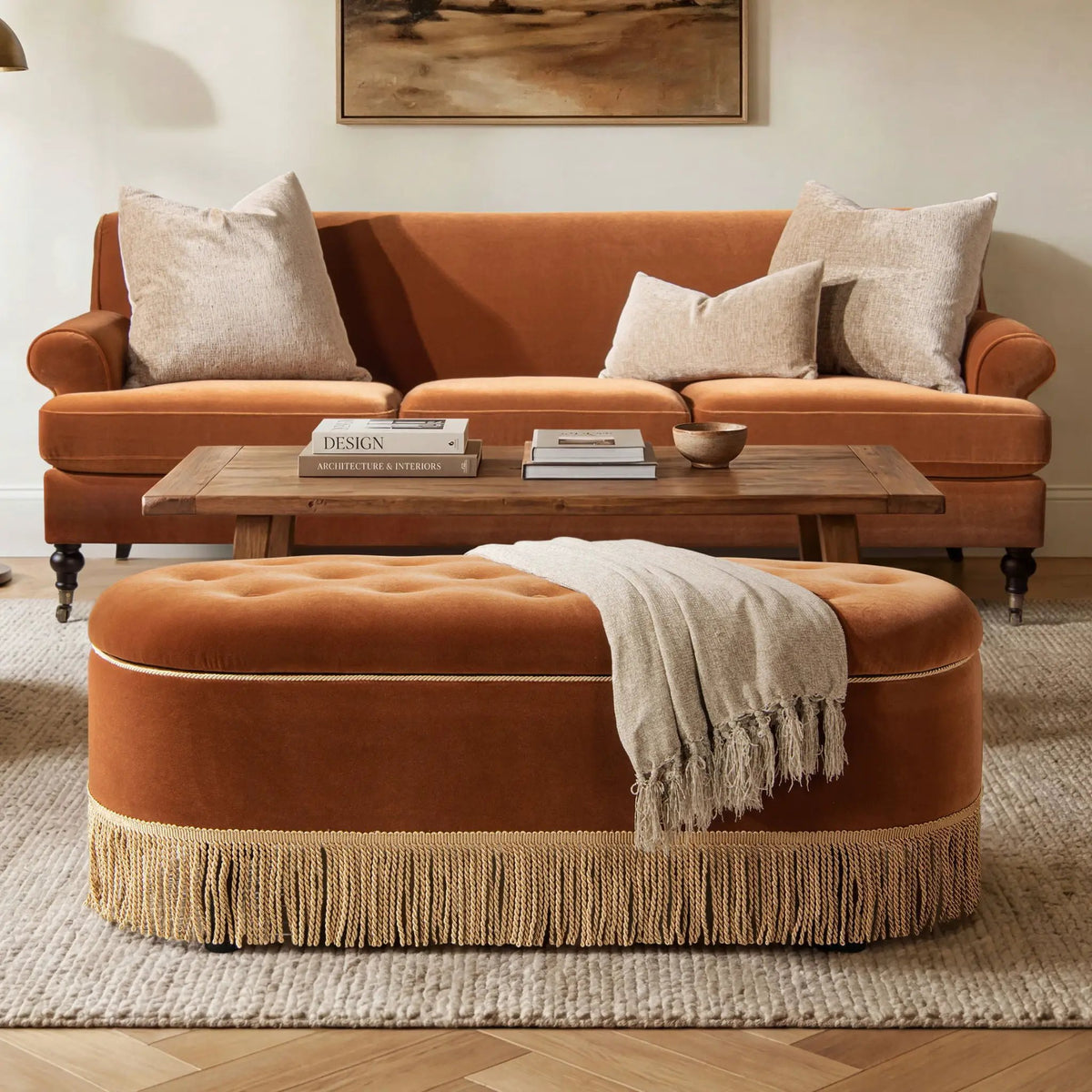 Melinda Oval Storage Bench | Button Tufted Seat | Bullion Fringe | Flip-Top Compartment