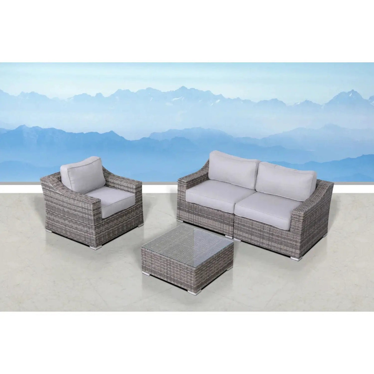 Outdoor Wicker Conversation Set | All-Weather Resin | Tempered Glass Table | 5 Inch Cushions