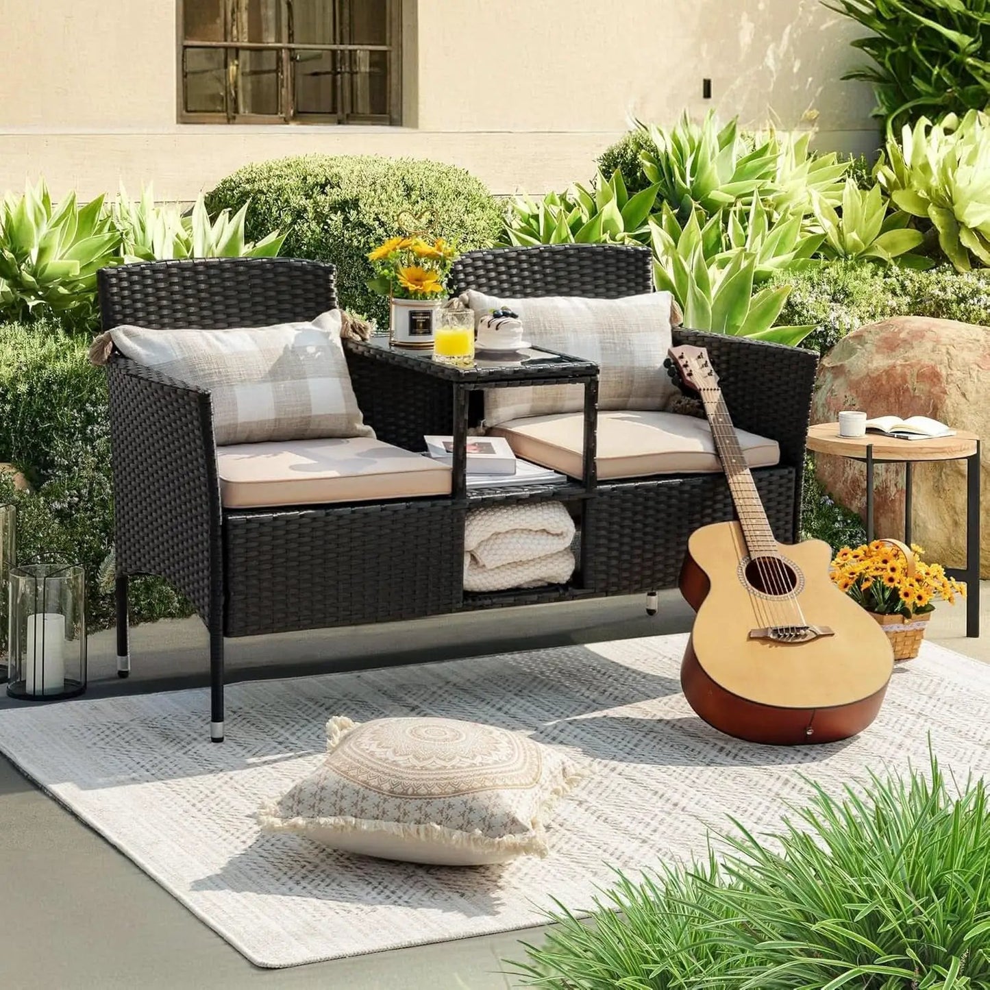 Outdoor Patio 2 Seat Loveseat Set With Built Table Beige from PriceLows™