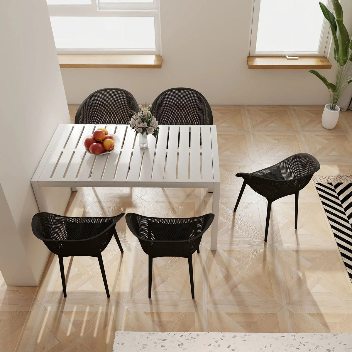 4 Pack Lounge Chair Set With Long Table | 5 Piece Outdoor Set | Metal | Dining Room