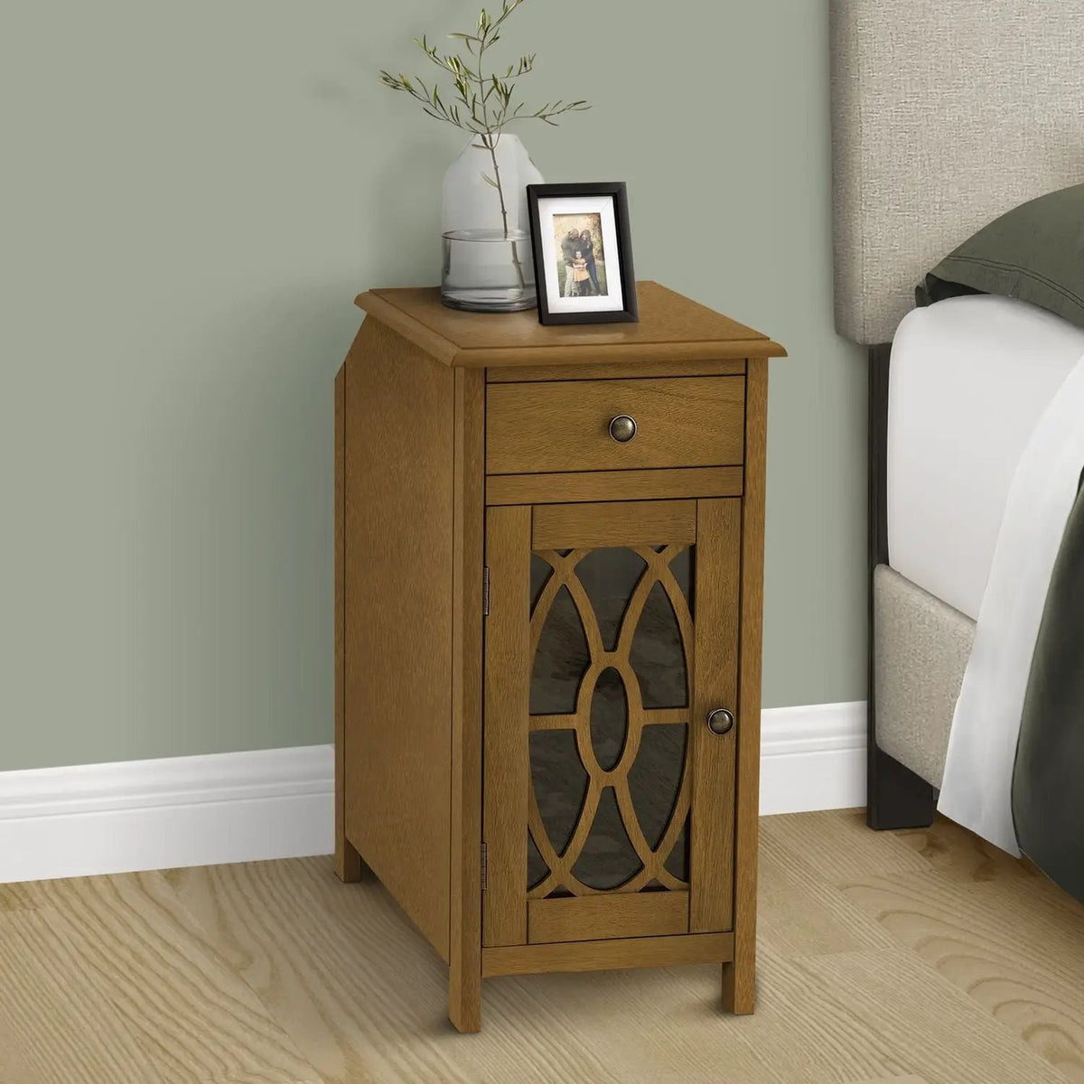 Accent Side Table | Drawer And Open Shelf | Glass Back Inlay | Traditional Taupe