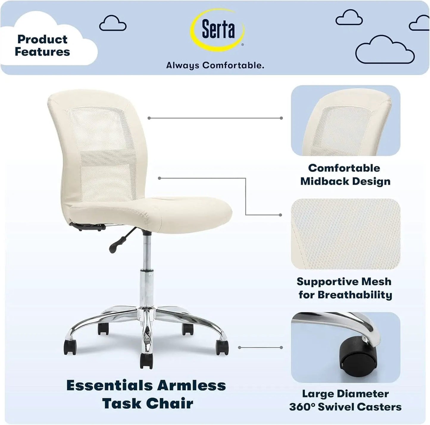 Armless Desk Chair With Mesh Back And Wheels Cream White from PriceLows™