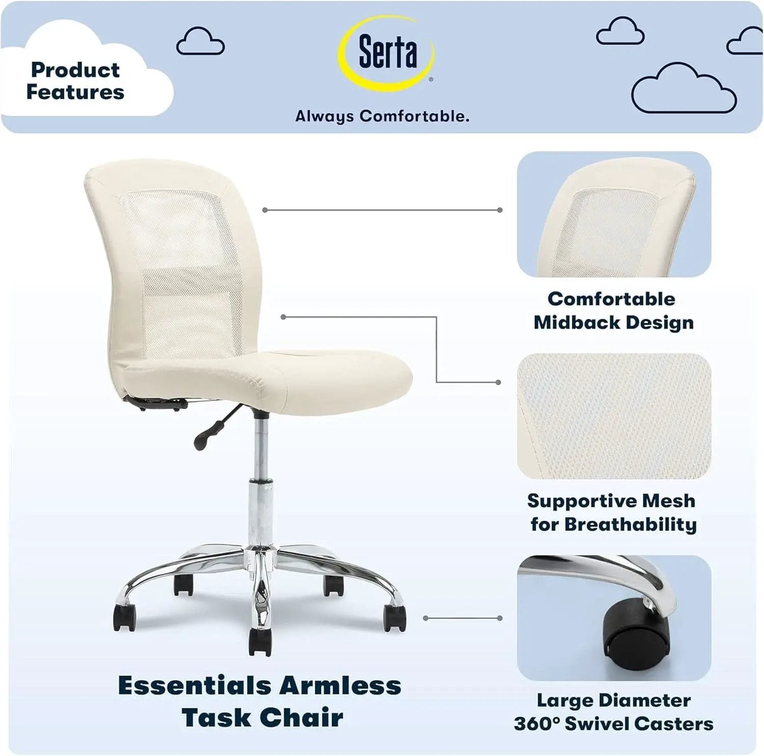 Armless Desk Chair With Mesh Back And Wheels Cream White from PriceLows™