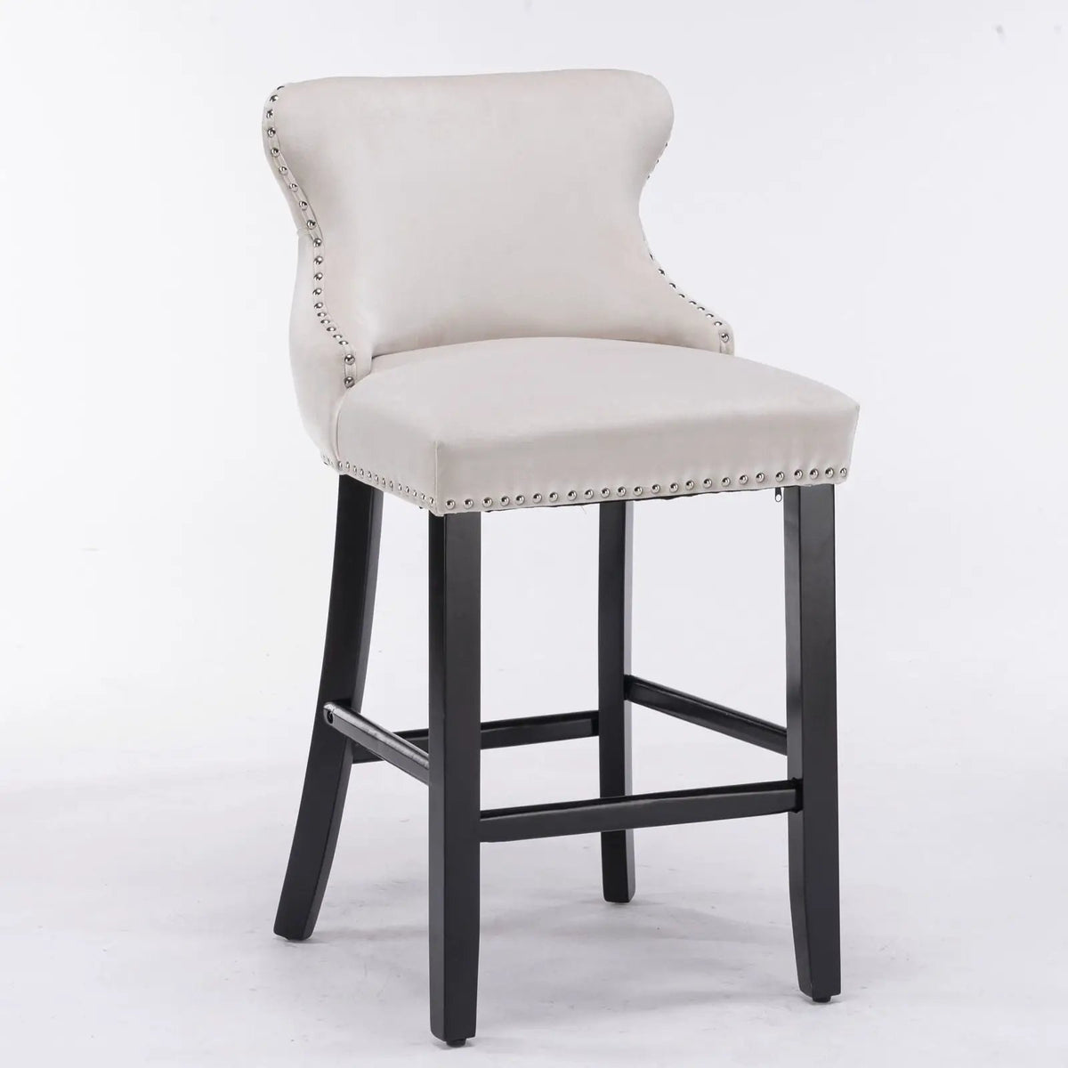 Wing-Back Barstools | Button Tufted Decoration | Wooden Legs With Nailhead Trim | Contemporary Upholstery