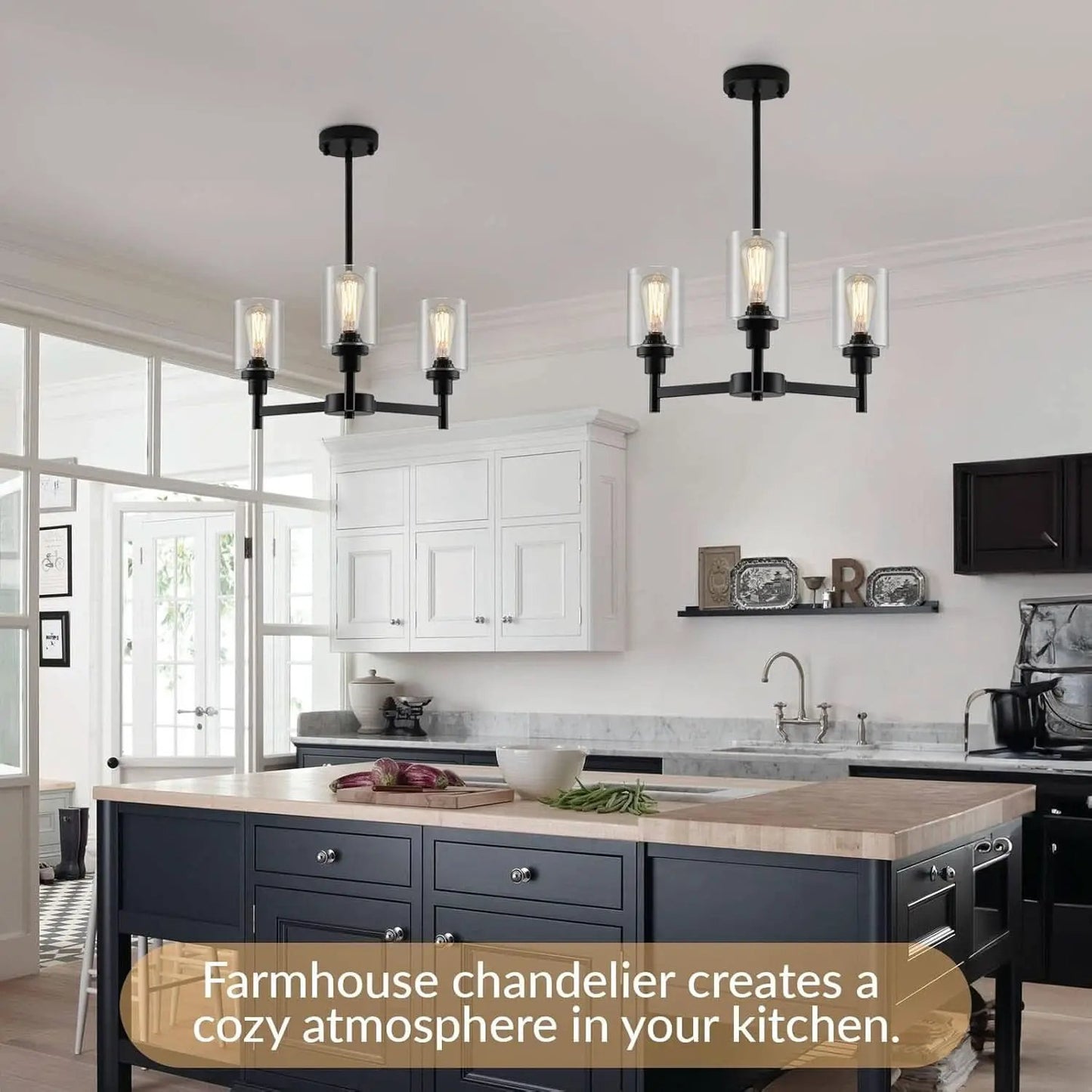 Three Light Black Glass Chandelier For Dining Room And Entryway With Glass Shade from PriceLows™