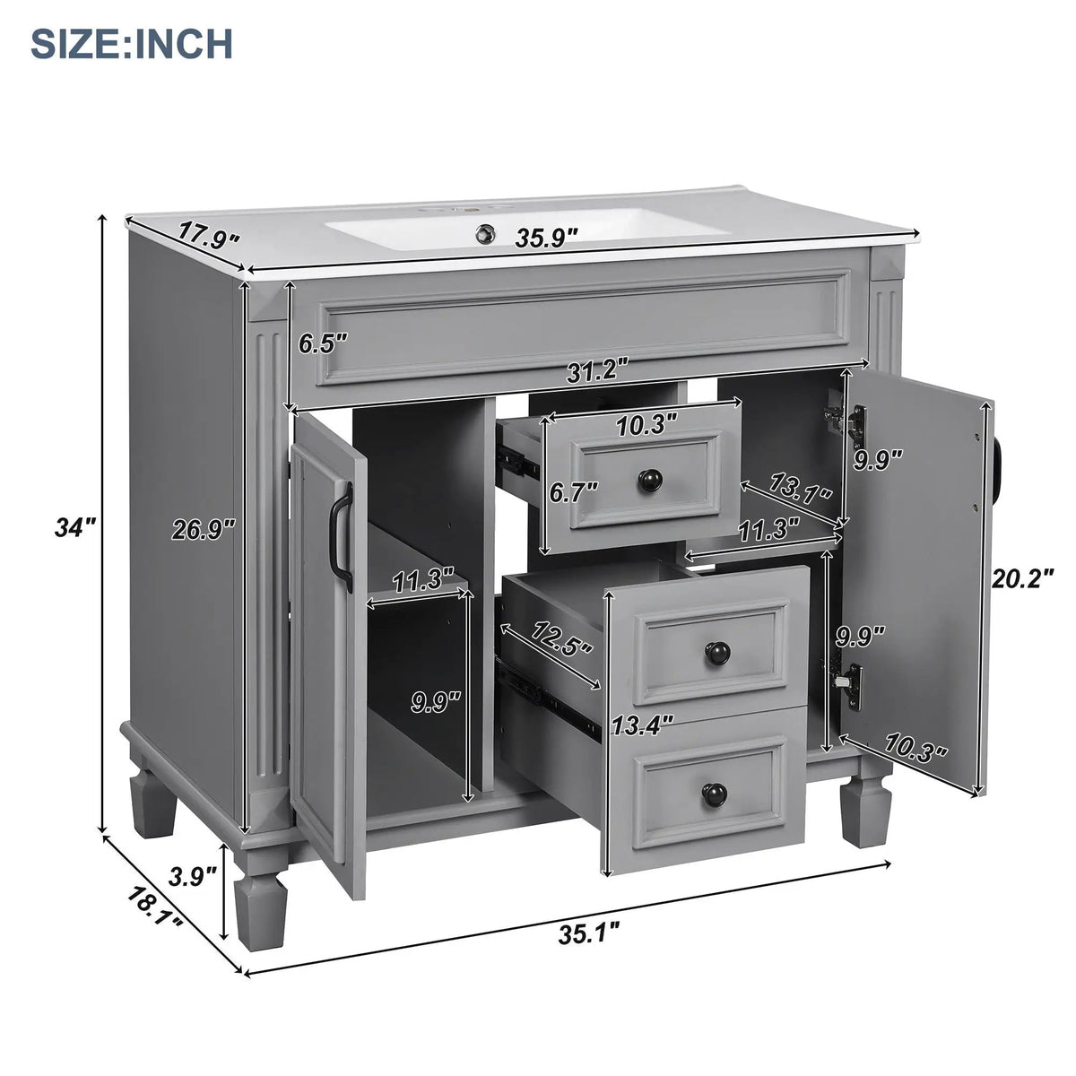 36 Inch Bathroom Vanity With Top Sink | Basin On Cabinet | 2 Soft Closing Doors | 2 Drawers