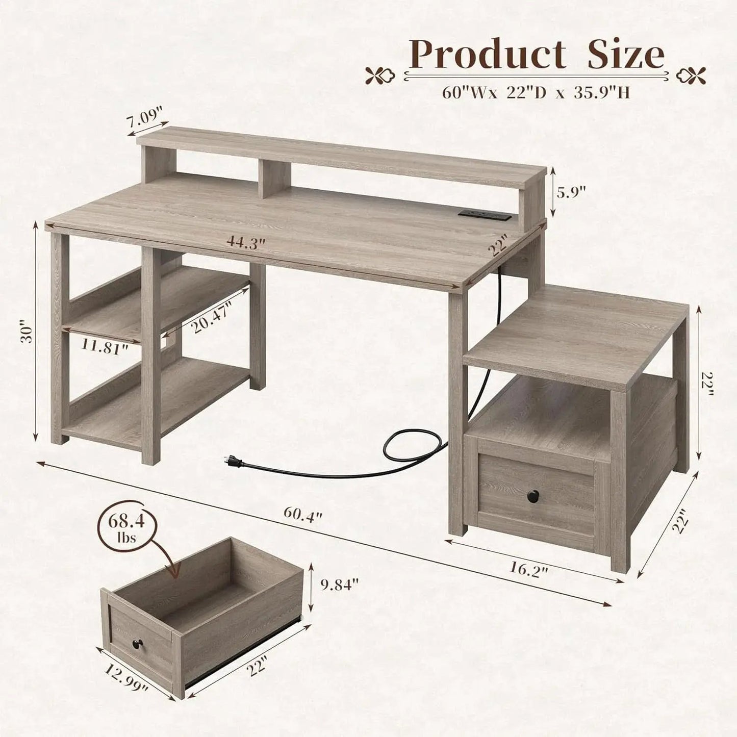 Ash Gray 60.4Inch Computer Desk Multifunctional Storage from PriceLows™