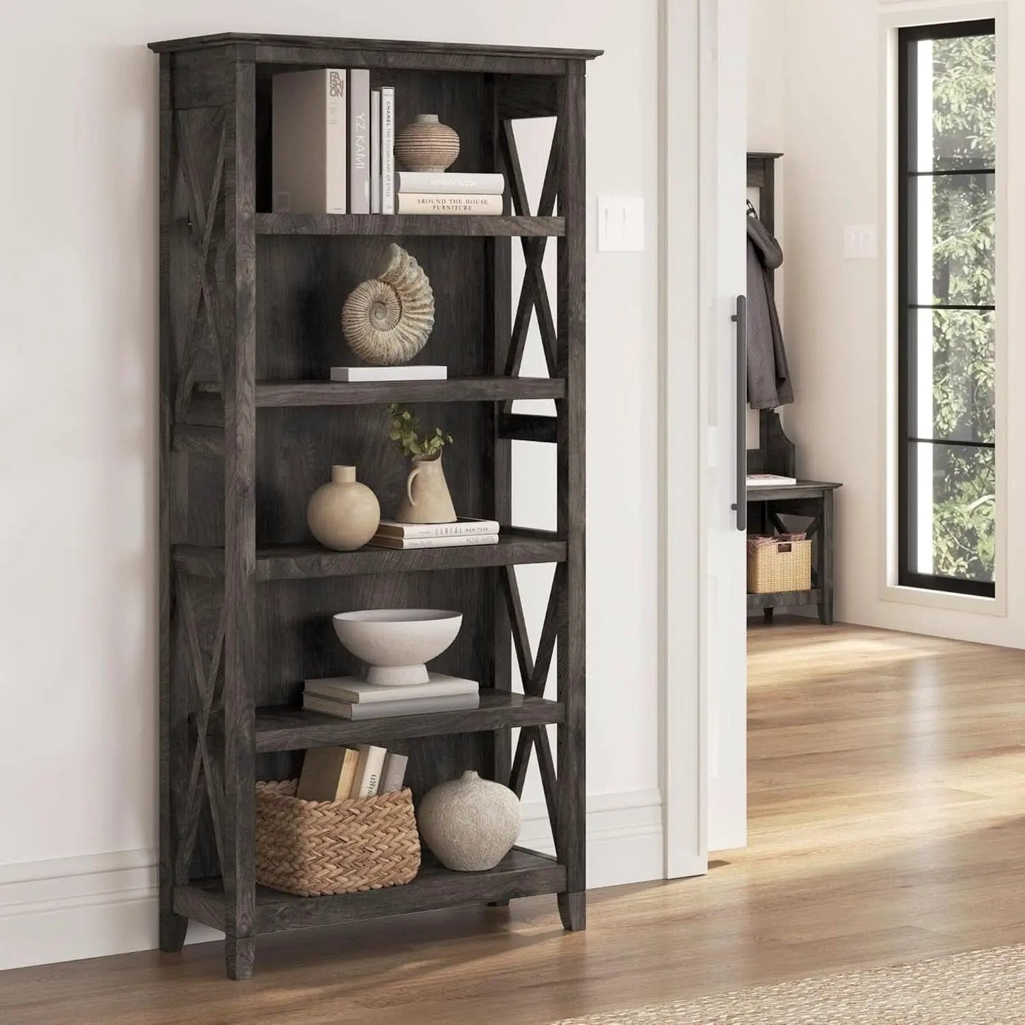Bush Furniture Tall 5 Shelf Bookcase Dark Gray Hickory from PriceLows™