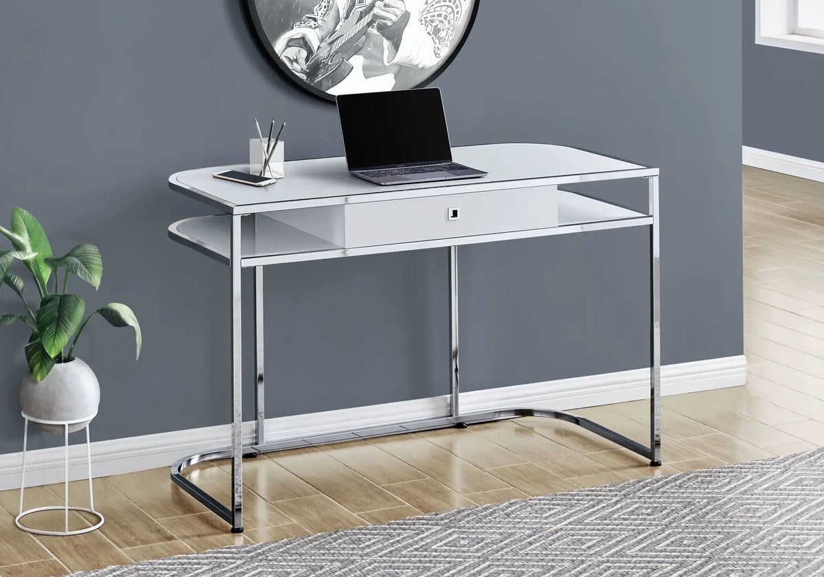 White Computer Desk | Glossy White And Chrome Metal | Storage Drawers | 47.25 Inch Length