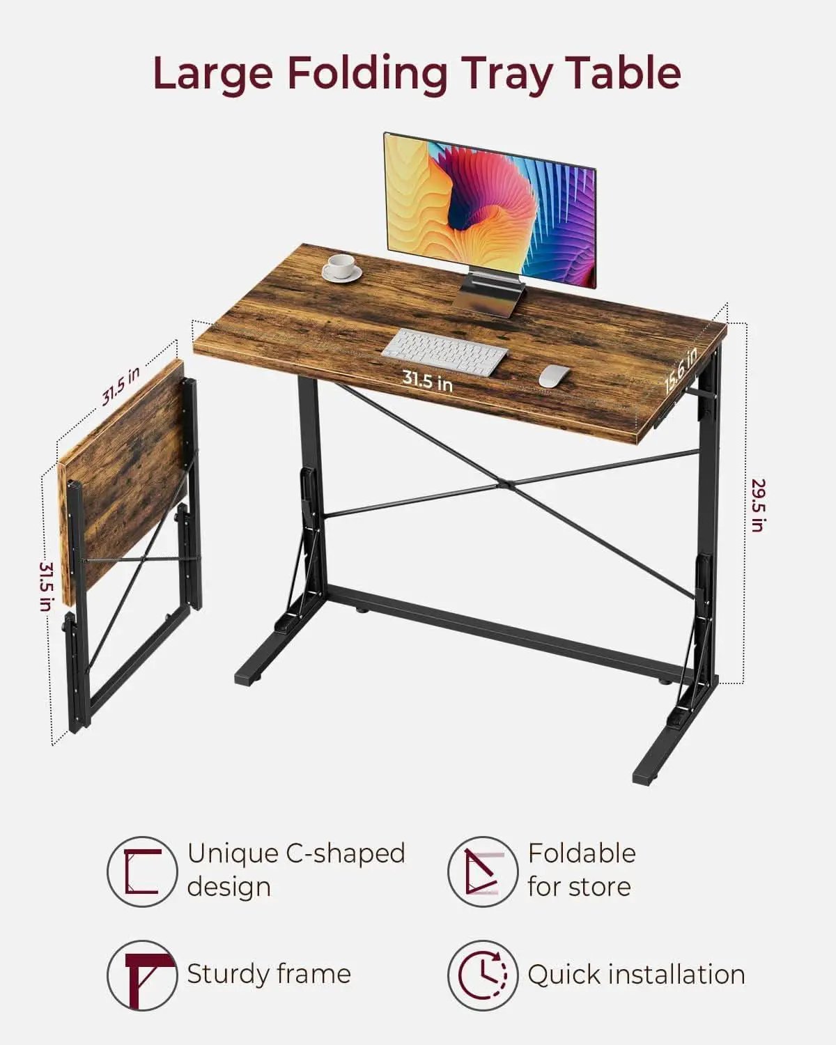 31.5 Inch Collapsible Tray Desk Rustic Brown Premium Finish from PriceLows™