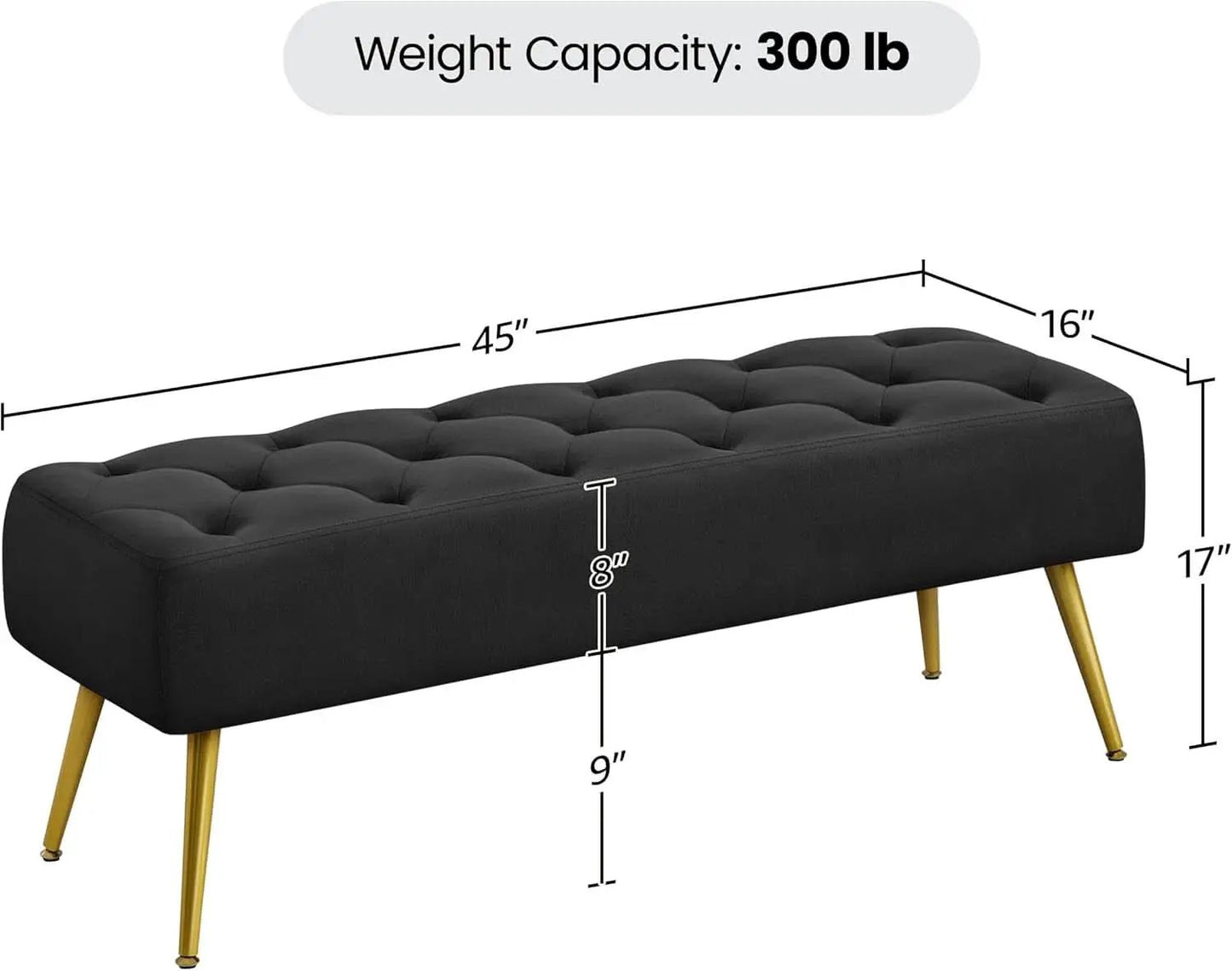 Black Velvet Upholstered Ottoman Bench Golden Legs from PriceLows™