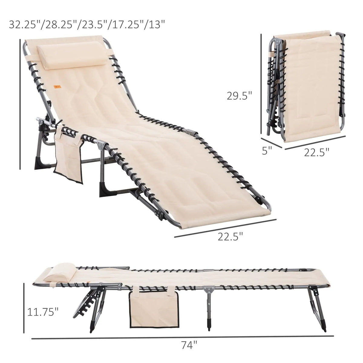 Outsunny Padded Folding Chaise Lounge Chair, Outdoor 6-Level Reclining Camping | 74 x 22.5 x 11.75 in | Steel & Cotton | Beige