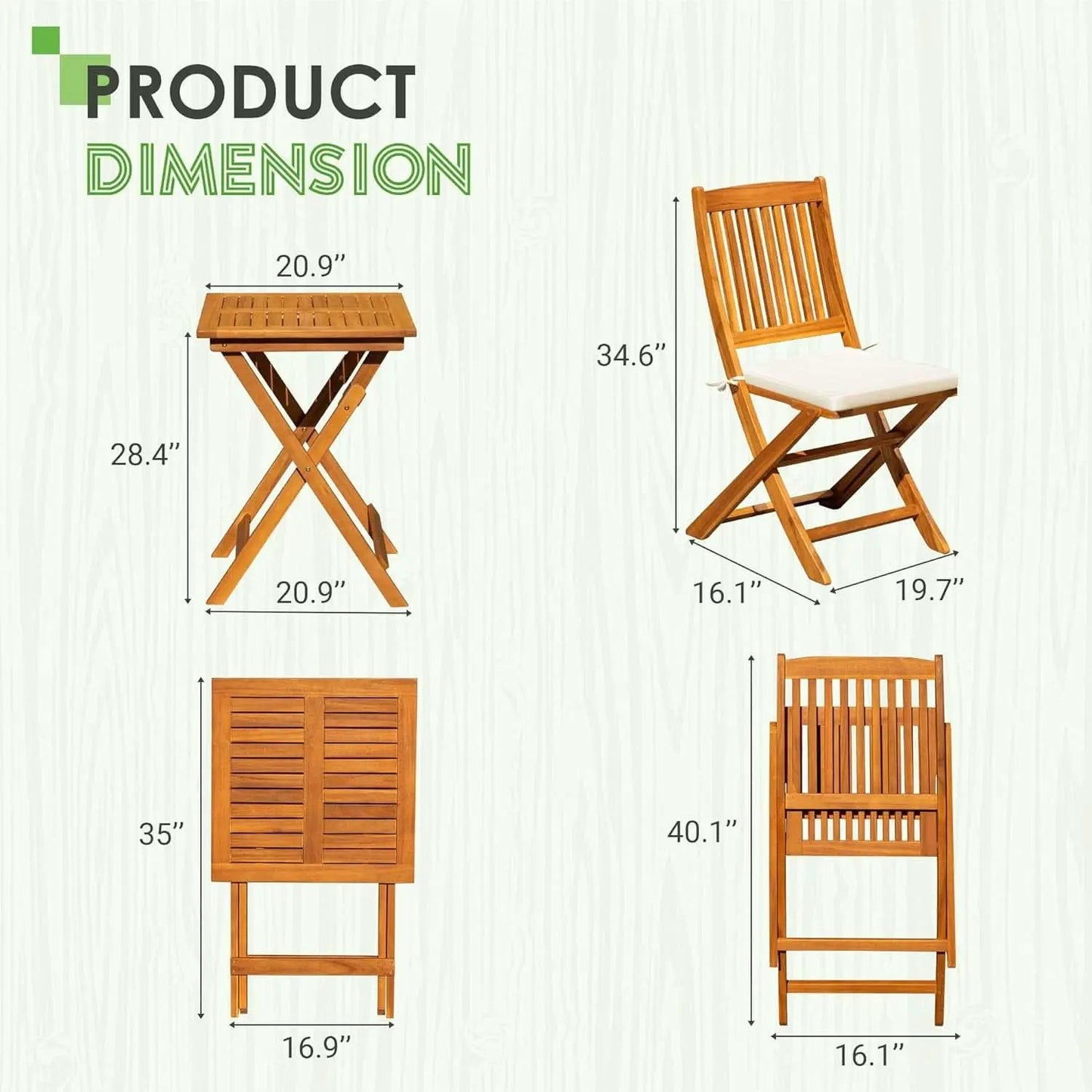 3 Piece Patio Folding Bistro Set With 2 Cushions Acacia Wood Outdoor Furniture For Pool And Garden from PriceLows™