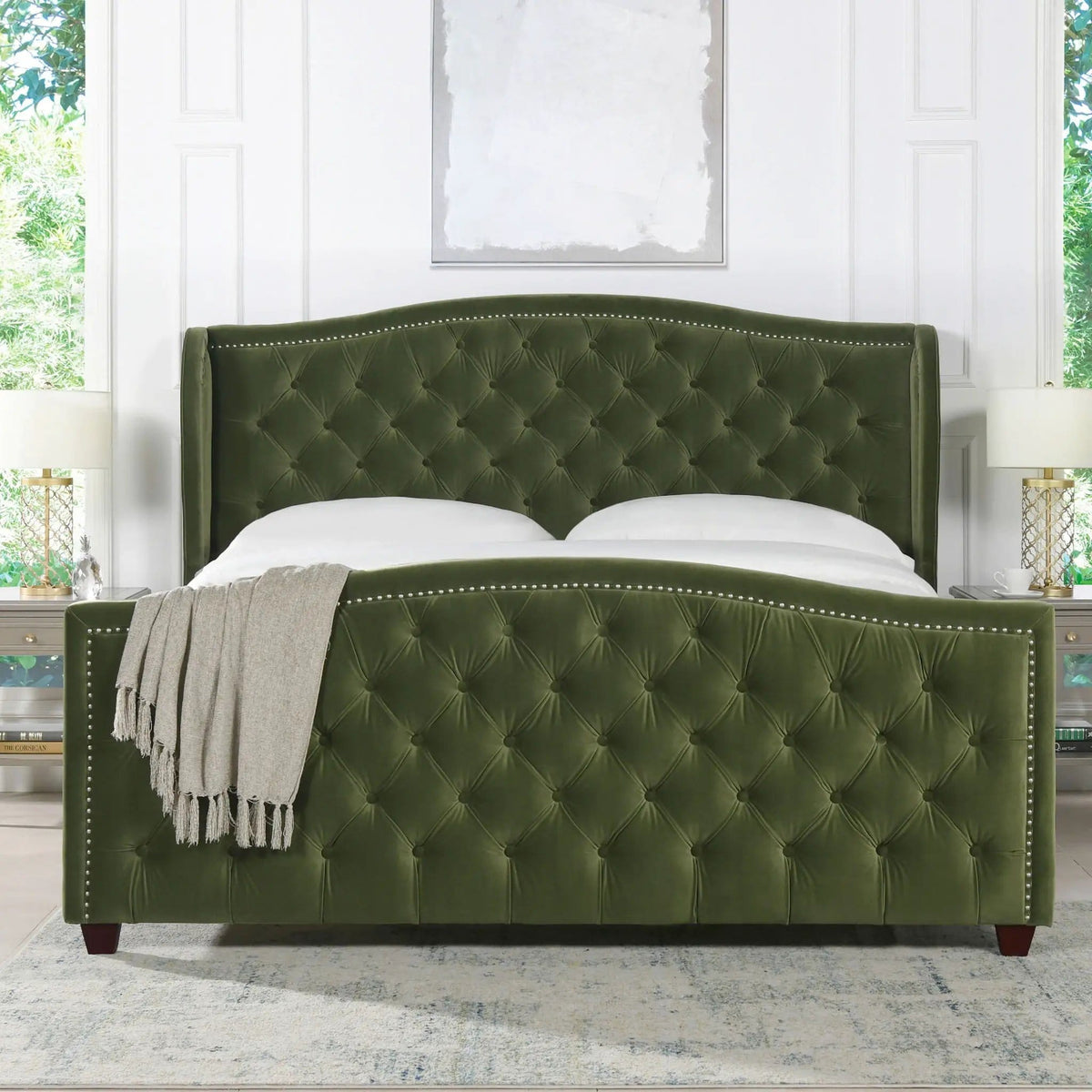 Marcella Upholstered Shelter Headboard Bed | 5 Pieces | Fabric & Iron | Bedroom