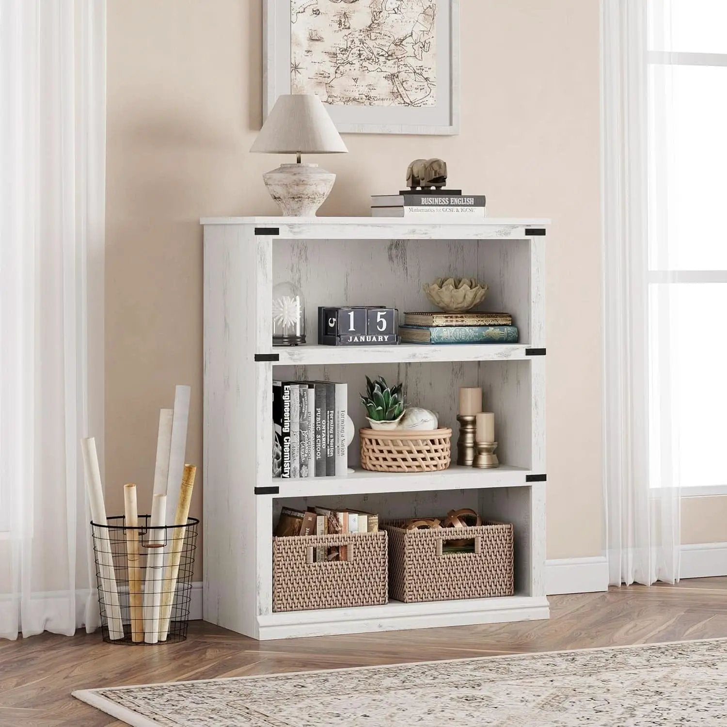 3 Tier Farmhouse Wood Bookcase With Storage White 40 Inch High 31.5 Inch Wide For Living Room And Home Office from PriceLows™