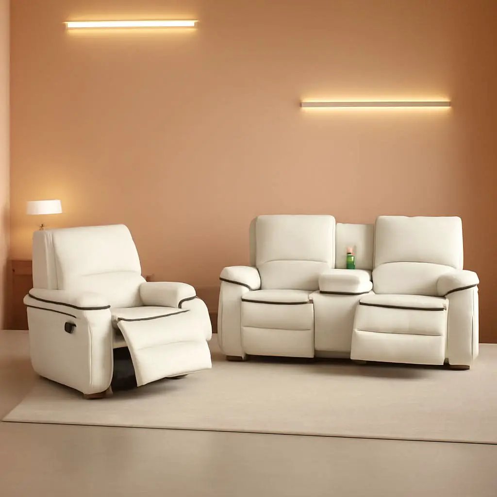 Cream White Bonded Leather Recliner Sofa Set With Manual Recliner from PriceLows™