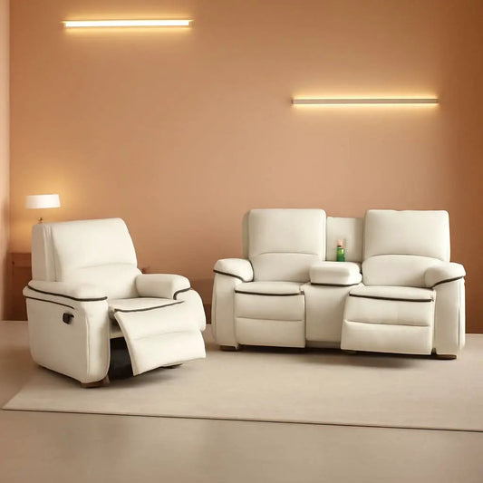 Cream White Bonded Leather Recliner Sofa Set With Manual Recliner from PriceLows™