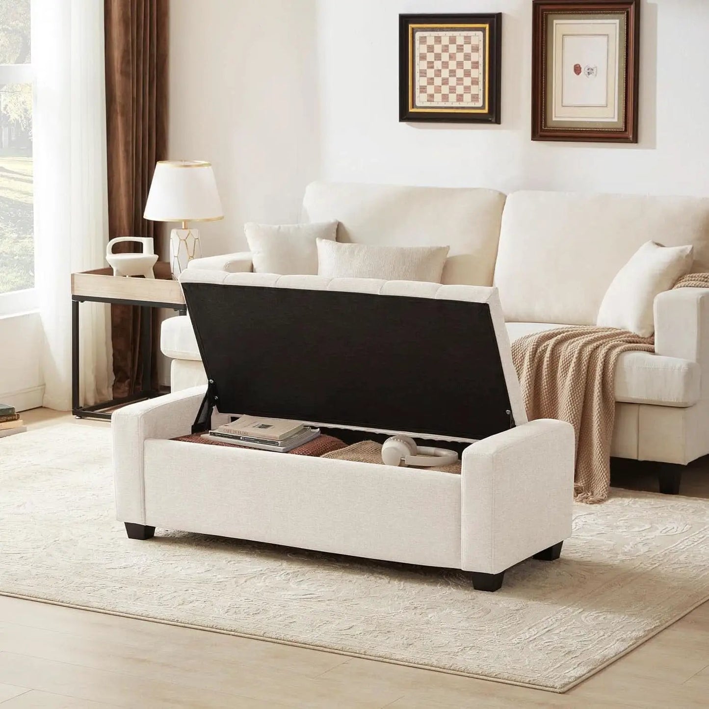 48 Inch Storage Unit Ottoman Bench Upholstered Beige from PriceLows™