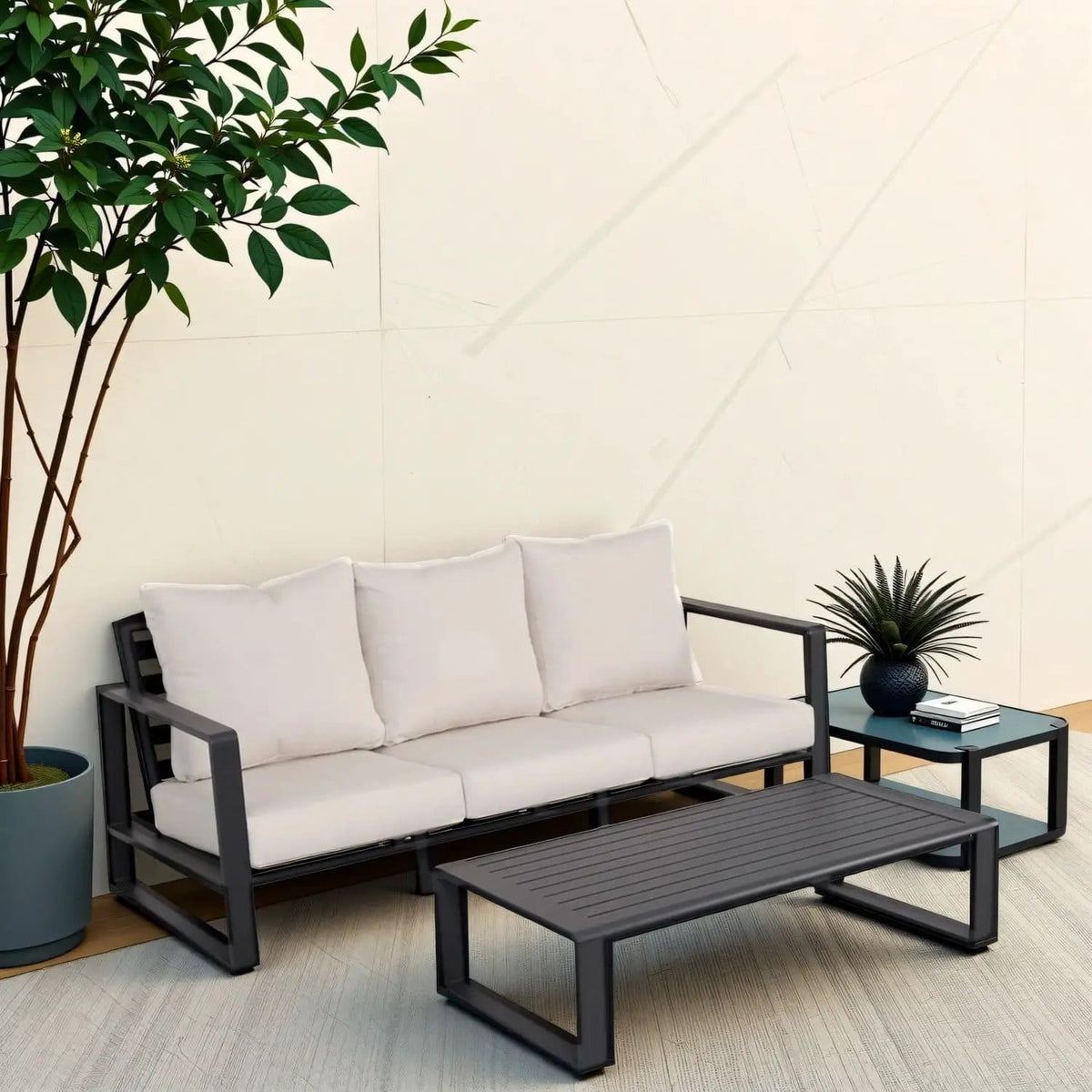 3 Person Sofa With Rectangular Coffee Table, Cushions Tino Tino - 2 Piece Outdoor Set | 77.56 x 35.04 x 31.1 in | Aluminum | Beige