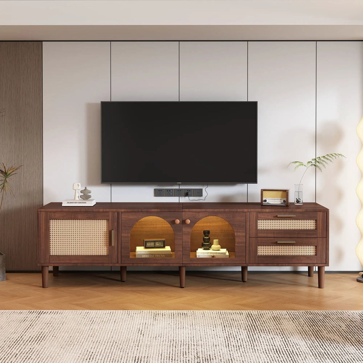 TV Stand | App Controlled LED Lights | Rattan Door Storage | Large TV