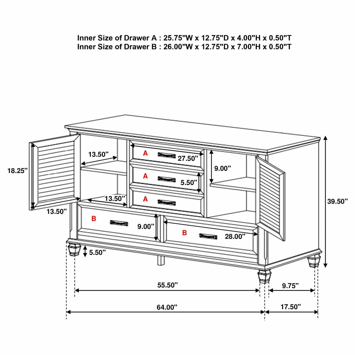 Franco 5-drawer Dresser Distressed | 64 x 17.5 x 39.5 in | 5-Drawer | White