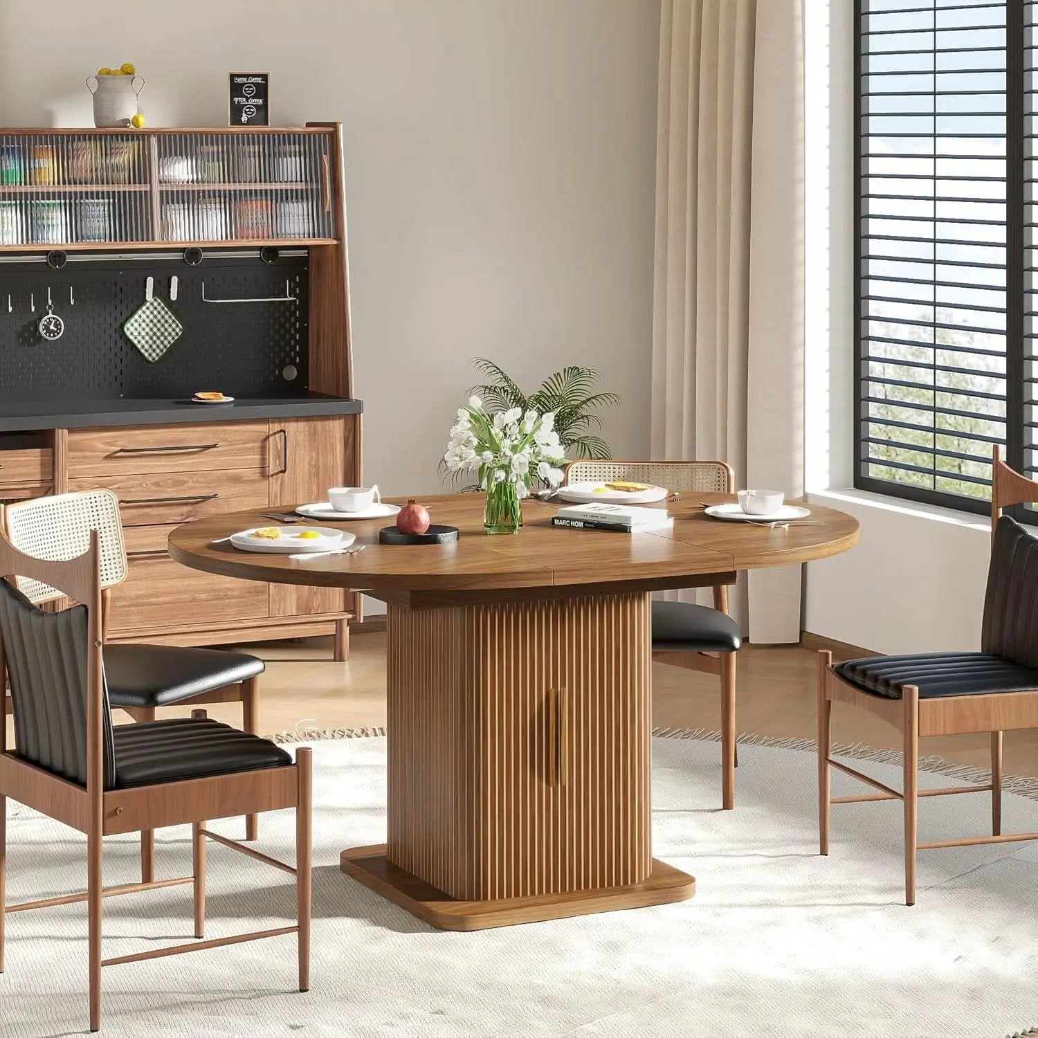 Extendable Round Dining Table 59 Inch Walnut Modern from PriceLows™