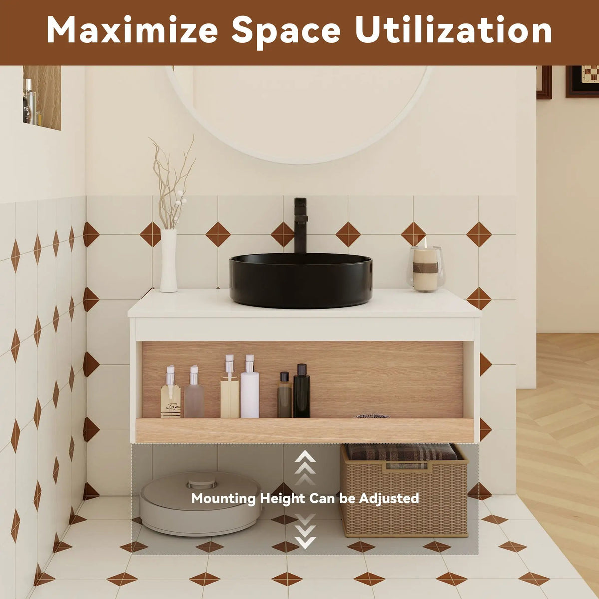Floating Bathroom Vanity | Round Glossy Sink | Wall Mounted | Compact Design