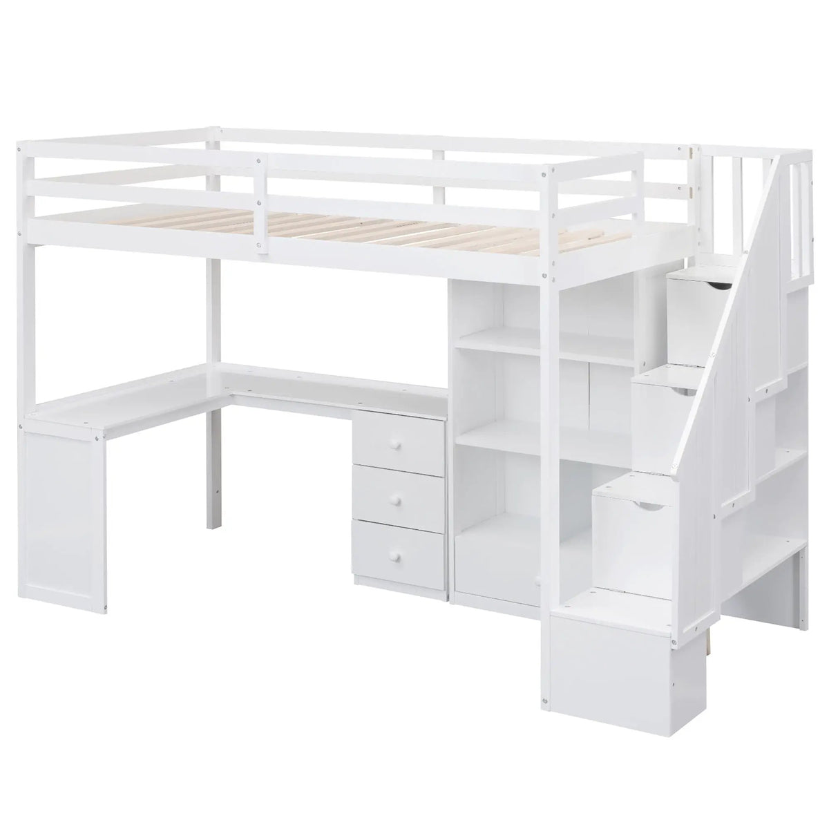 Loft Bed | L Shaped Desk | Storage Staircase | Built In Drawers