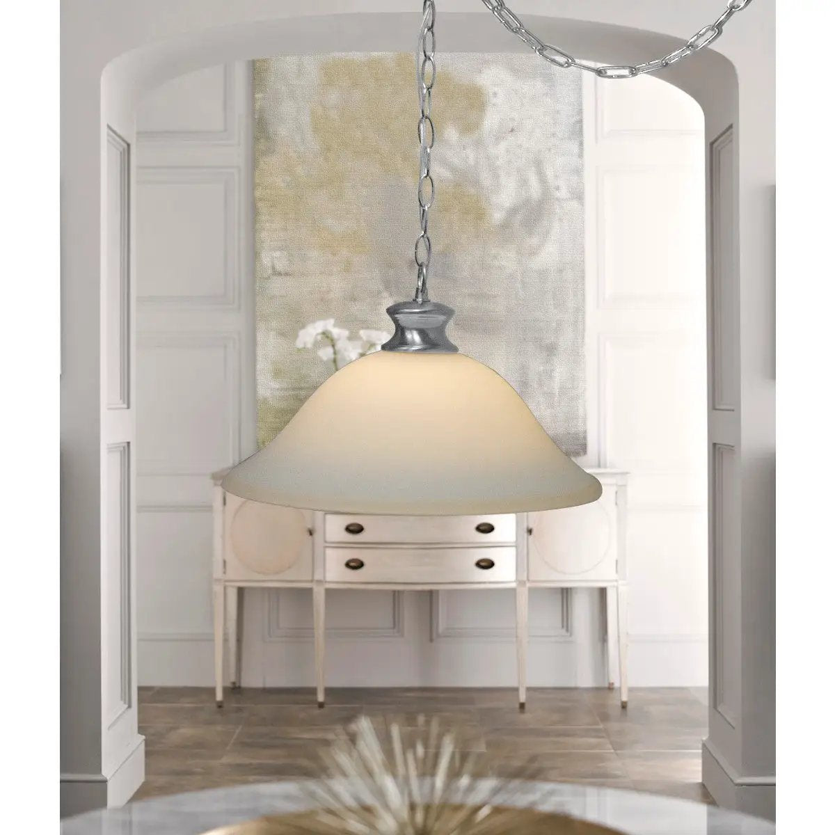 Swag Pendant Light | Plug In Design | Milky White Glass Shade | 16 Inch Width