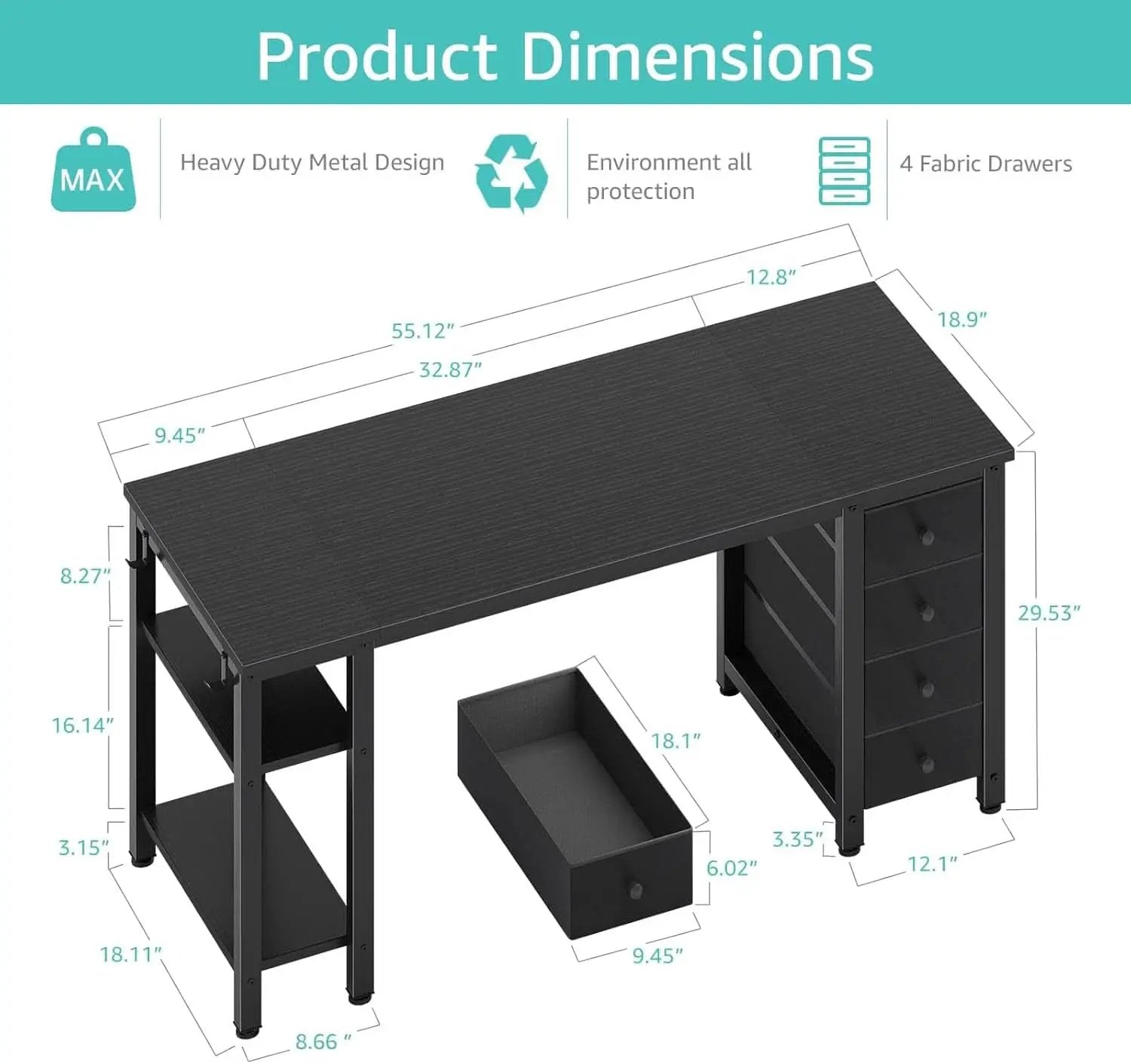 55 Inch Gaming Desk With Fabric Drawers And Shelves Black from PriceLows™