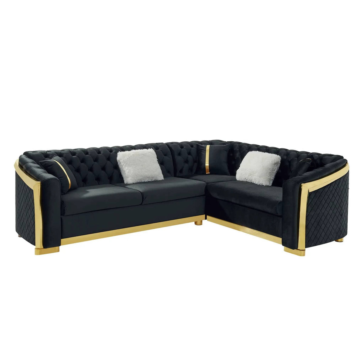 L Shaped Chesterfield Sectional Sofa With Stainless Steel Accents | 105.52 x 84.25 x 32.28 in | Stainless Steel | Living Room