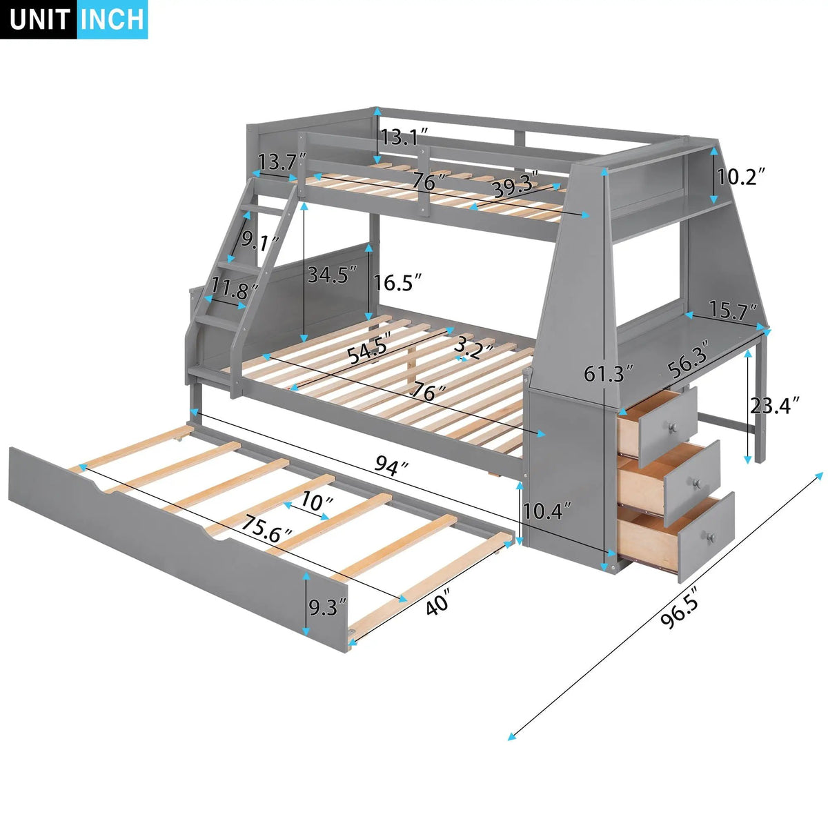 Bunk Bed | Trundle | Integrated Desk | 3 Storage Drawers