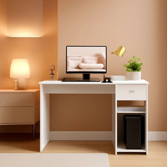 White 44 Inch Desk And Black Mesh Chair Set With Adjustable from PriceLows™