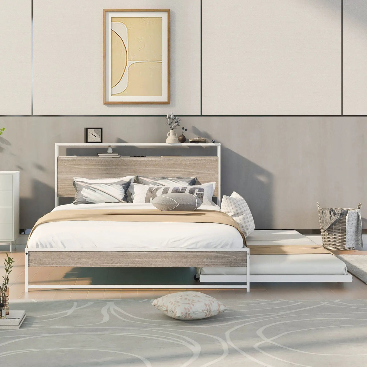Platform Bed Frame With Trundle | USB Ports | Slat Support | Metal And Wood Build