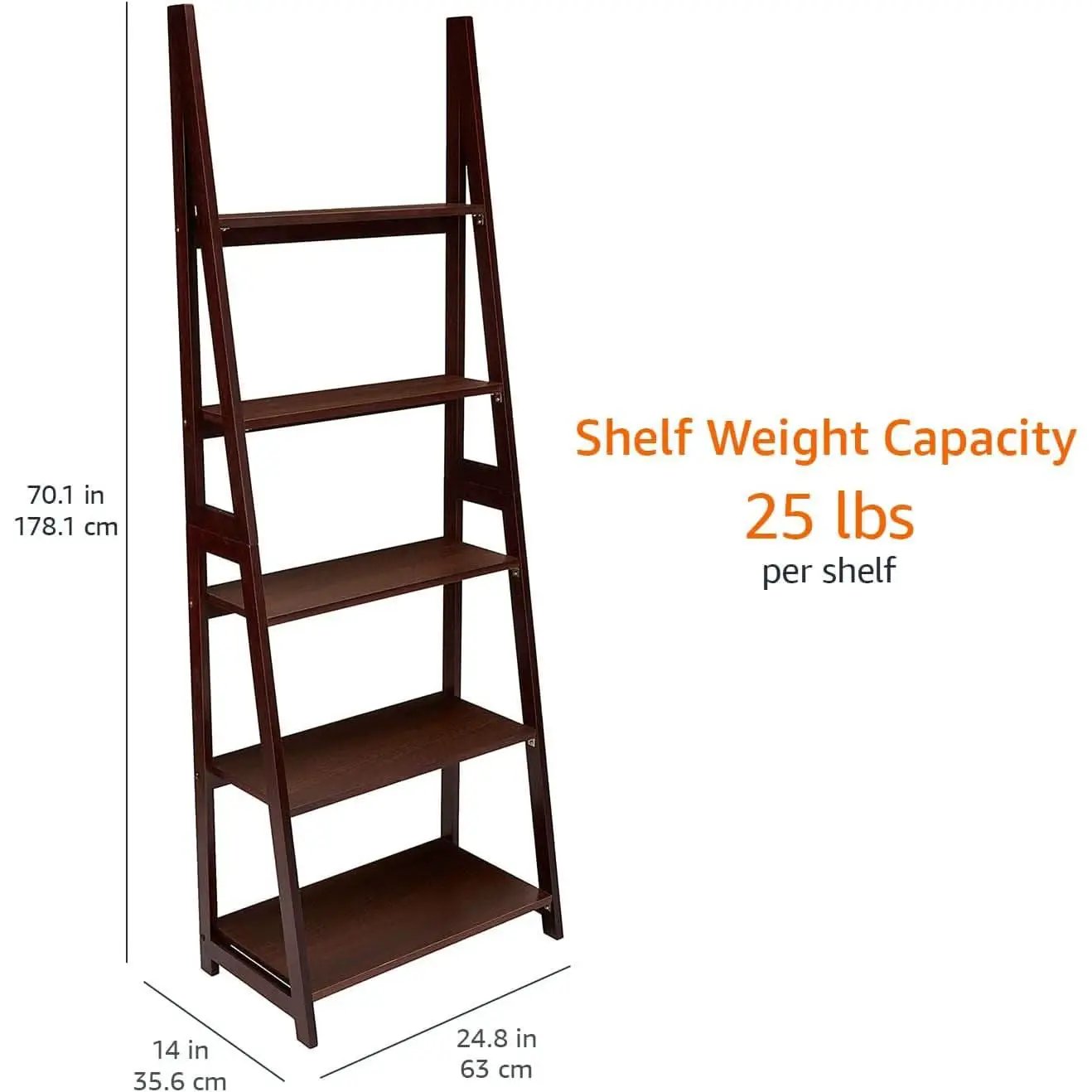 Ladder Bookshelf Organizer Espresso Rubberwood Frame 14 Inch Depth 70 Inch Tall from PriceLows™