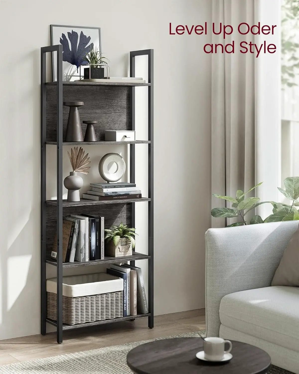 Five Tier Bookshelf With Steel Frame Charcoal Gray Black from PriceLows™