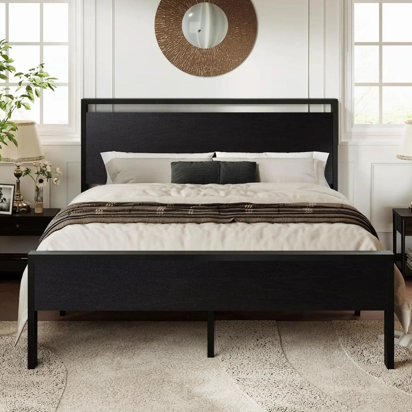 Queen Platform Bed Frame With Wooden Headboard And Footboard Black Oak from PriceLows™