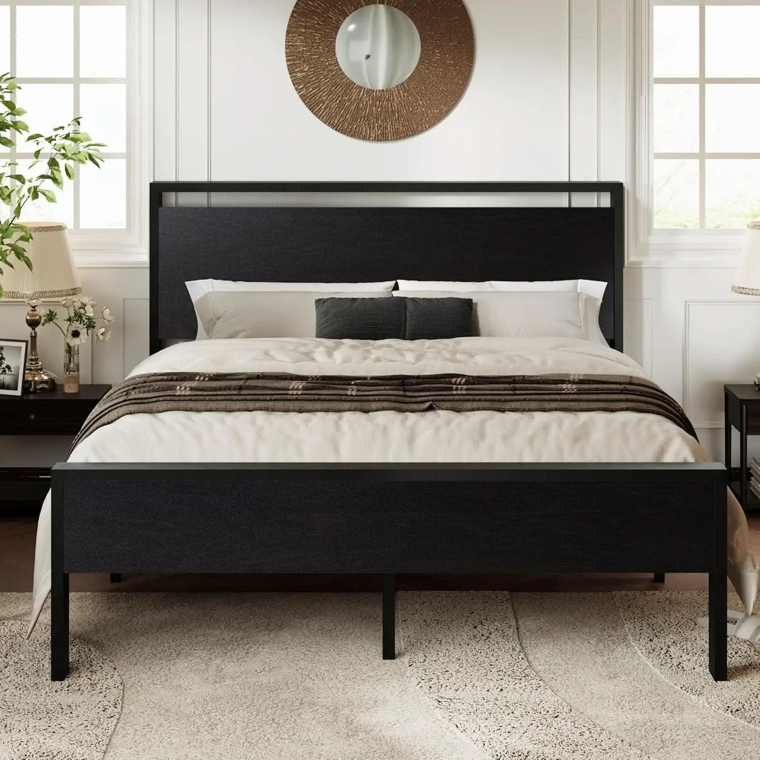 Queen Platform Bed Frame With Wooden Headboard And Footboard Black Oak from PriceLows™
