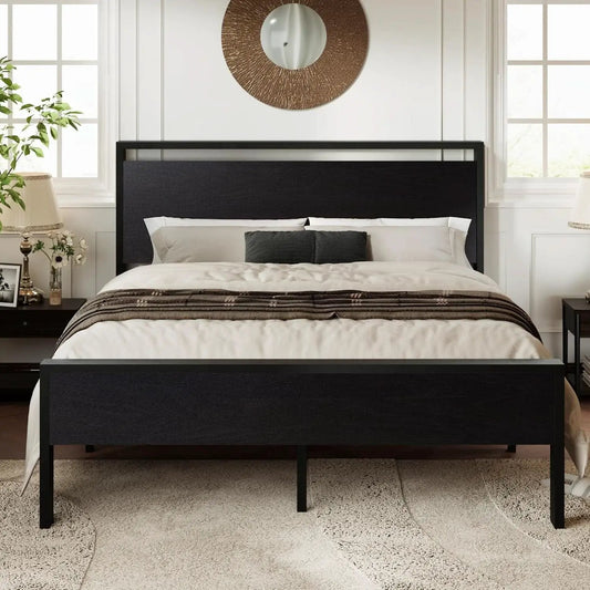 Queen Platform Bed Frame With Wooden Headboard And Footboard Black Oak from PriceLows™