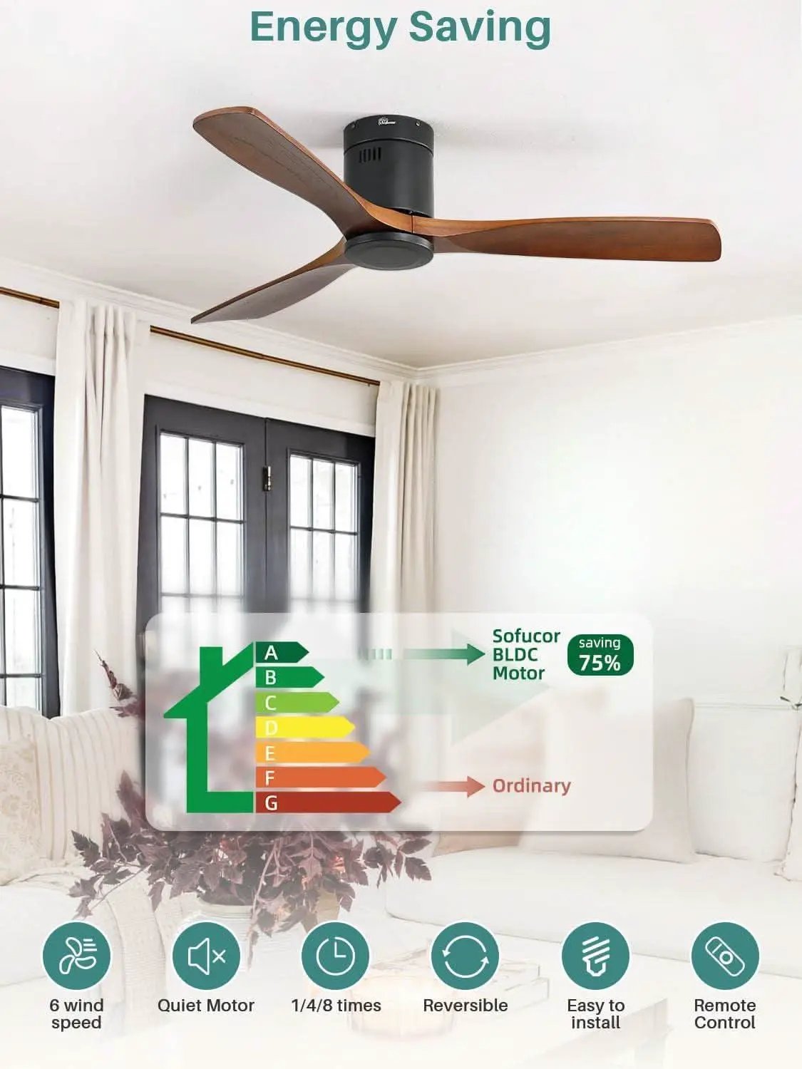 52 Inch Solid Wood Flush Mount Ceiling Fan With Remote from PriceLows™